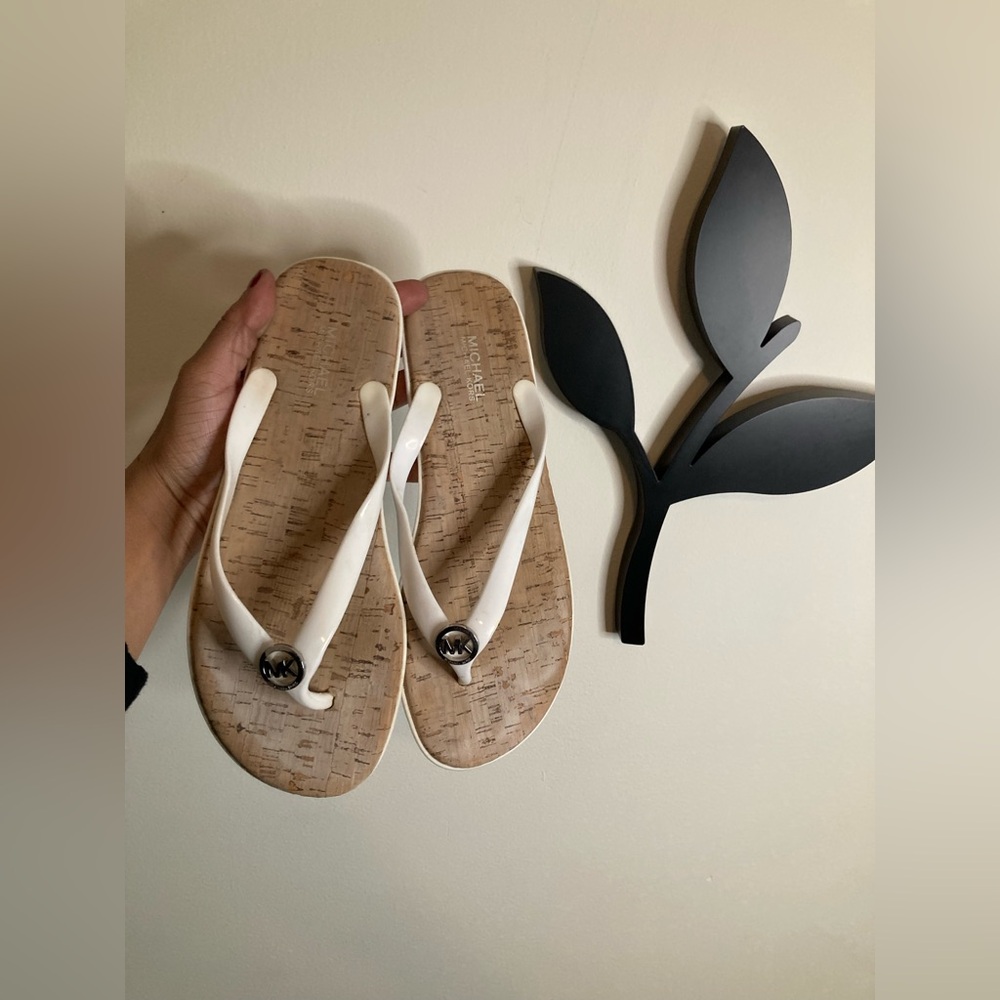 White Michael Kors Jelly Cork Thong FlipFlops With Silver Metal Hardware